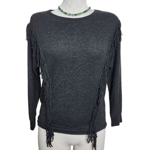 Jessica Simpson Round Neck Quarter Sleeve Black Fringe Gold Tread Top Size L